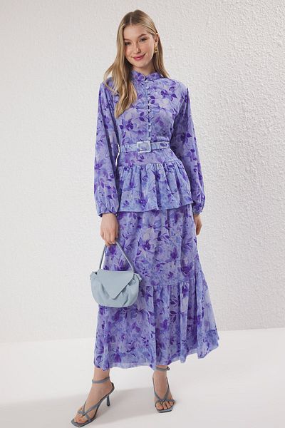 Trendyol Modest Lila virágmintás sifon bélésű szőtt ruha TCTSS25EB00056