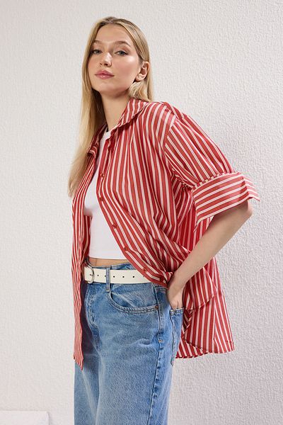 Trendyol Collection Oversize Wide Fit Shirt with Multicolor Stripes Twoss25Go00111