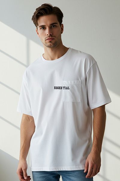 Trendyol Collection Υπερμεγέθη λευκό κεντημένο βαμβακερό μπλουζάκι - τσέπη, TMNSS25TS00120