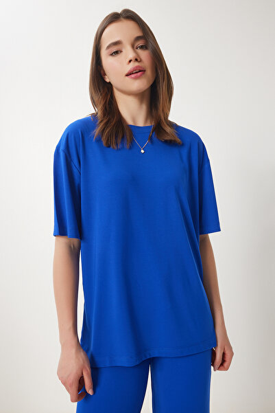 Happiness İstanbul Set pantaloni tricou oversize albastru închis pentru femei FN03452