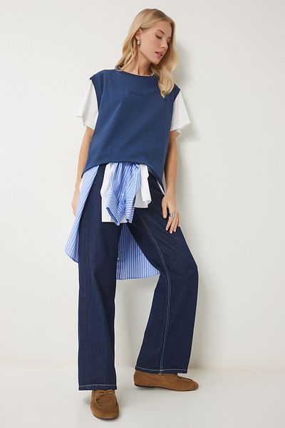 Happiness İstanbul Navy Blue Contrast Colored Cotton Knitted T-Shirt Cr00459