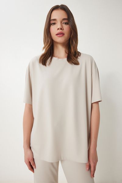Happiness İstanbul Damen Stone Oversize-Strick-T-Shirt-Hosenanzug FN03452