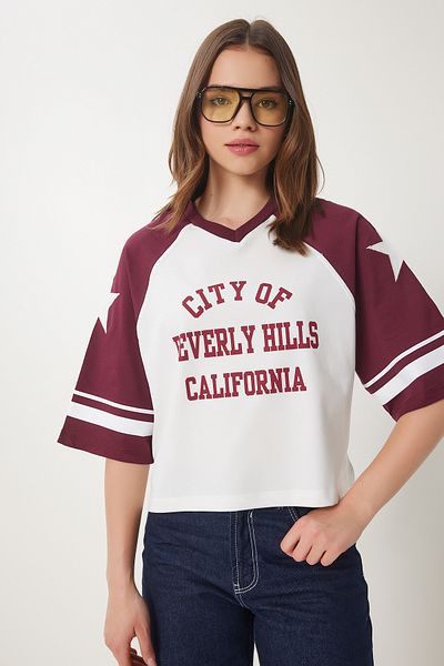 Happiness İstanbul Damen-T-Shirt aus Baumwolle mit Slogan in Burgunderrot und Weiß CR00462