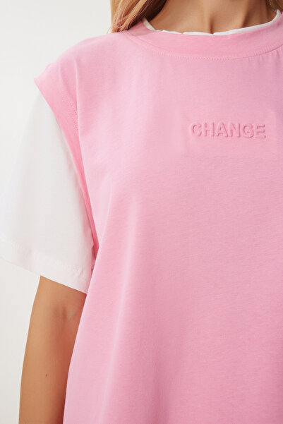 Happiness İstanbul Női rózsaszín kontraszt színű pamut kötött póló CR00459