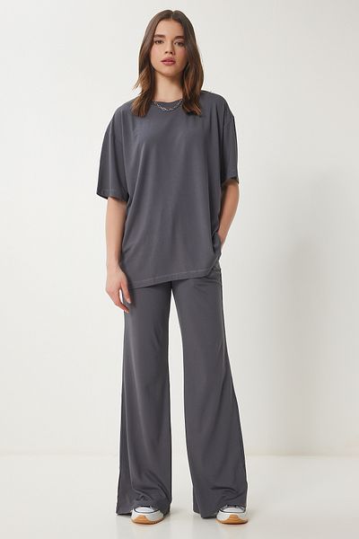 Happiness İstanbul Geräucherter Oversize-Strick-T-Shirt-Hosenanzug für Damen FN03452