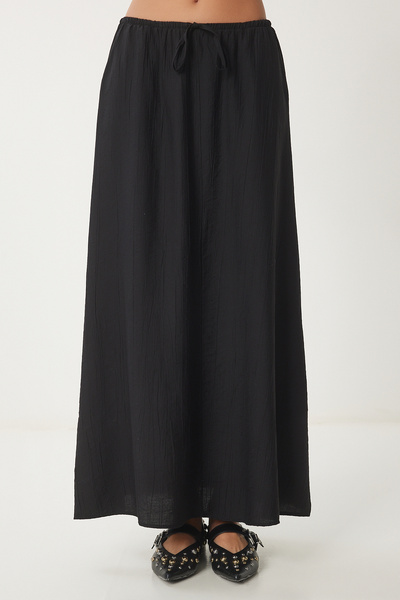 Happiness İstanbul Női fekete ráncos hatású nyári kiszélesedő szőtt szoknya UB00305