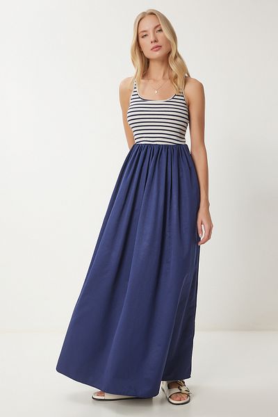 Happiness İstanbul Rochie de damă, albastru marin cu dungi, tricotată elastică, cu fustă din popelin FN03455