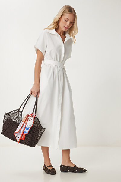 Happiness İstanbul Kadın Kemik Kemerli Dokuma Gömlek Elbise FN03459