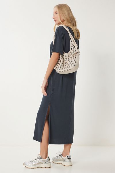 Happiness İstanbul Γυναικείο Ανθρακί Oversize Basic Καλοκαιρινό Πλεκτό Φόρεμα UB00299