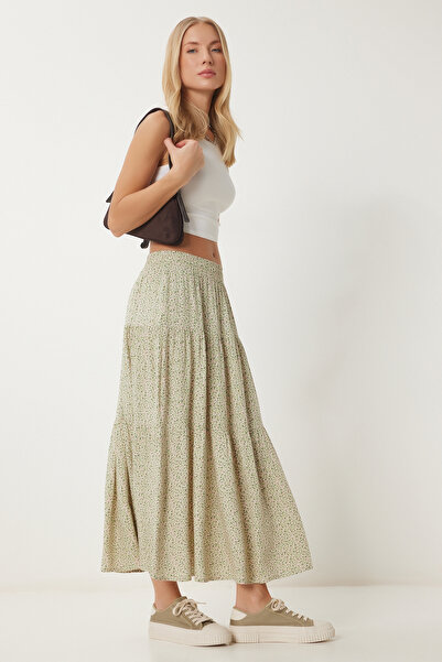 Happiness İstanbul Női zöld virágos vékony nyári szőtt szoknya UB00304