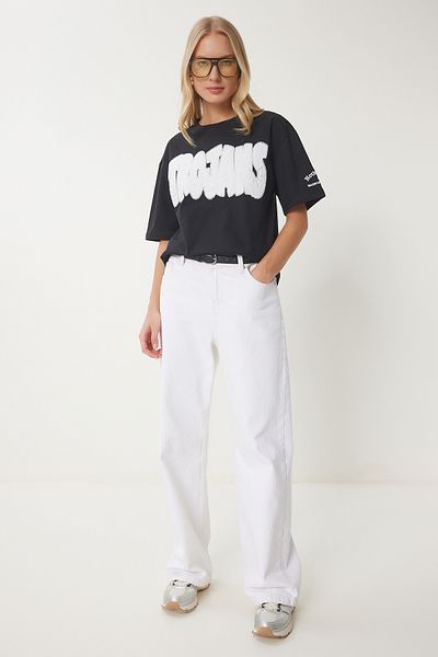 Happiness İstanbul Women's Black Slogan Beaded Cotton T-Shirt Cr00463