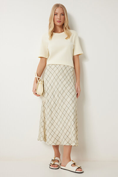 Happiness İstanbul Kadın Haki Krem Kareli Saten Dokuma Etek HC00227