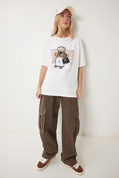 Happiness İstanbul Übergroßes Damen-Strick-T-Shirt aus Ecru-Baumwolle mit Emblem CR00464