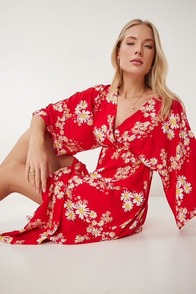 Happiness İstanbul Damen-Sommerkleid aus Viskose mit Wickelkragen, rot, gelb, gemustert, DK00166