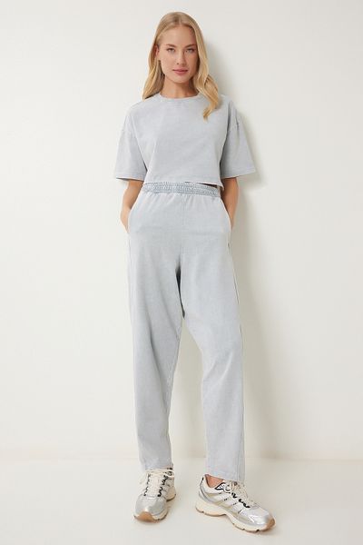 Happiness İstanbul Graues Damen-Trainingsanzug-Set aus gestrickter Baumwolle mit verblasstem Effekt BF00101