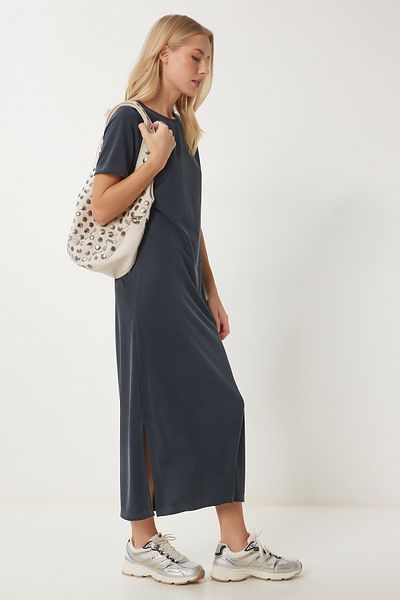 Happiness İstanbul Anthrazitfarbenes Basic-Sommer-Modalkleid für Damen SJ00002