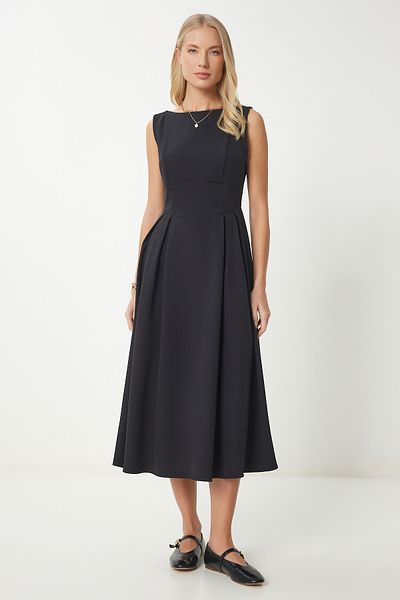 Happiness İstanbul Rochie neagră plisată midi țesută pentru femei UB00314