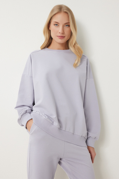 Happiness İstanbul Γυναικείο Σετ Πλεκτό Φούτερ Γυναικείο Stone Grey Crew Neck Oversize FN03456
