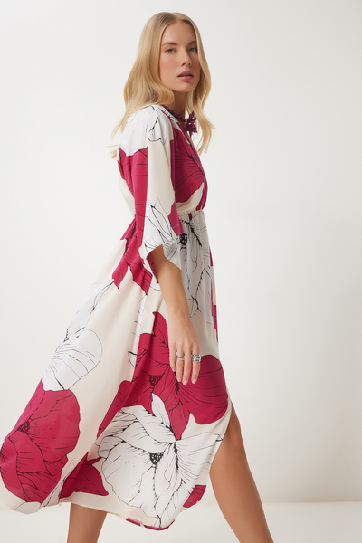 Happiness İstanbul Kadın Koyu Pembe Beyaz Anvelop Yaka Desenli Yazlık Viskon Elbise DK00166