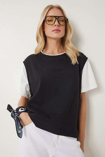 Happiness İstanbul Schwarzes Damen-T-Shirt aus kontrastfarbener Baumwolle CR00459