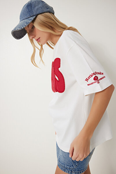 Happiness İstanbul Dámské bavlněné tričko Ecru Slogan Beaded CR00463