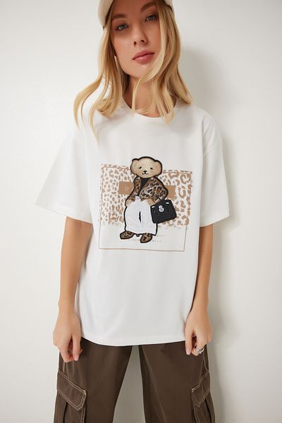 Happiness İstanbul Übergroßes Damen-Strick-T-Shirt aus Ecru-Baumwolle mit Emblem CR00464