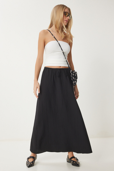 Happiness İstanbul Női fekete ráncos hatású nyári kiszélesedő szőtt szoknya UB00305