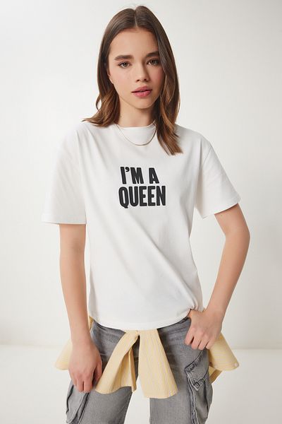 Happiness İstanbul Women's Ecru Slogan Knitted T-Shirt Cr00458