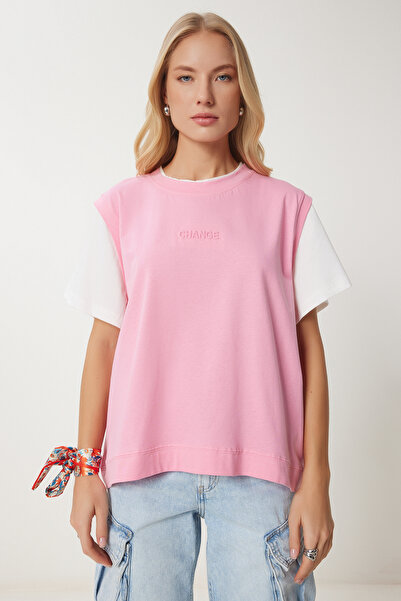 Happiness İstanbul Női rózsaszín kontraszt színű pamut kötött póló CR00459