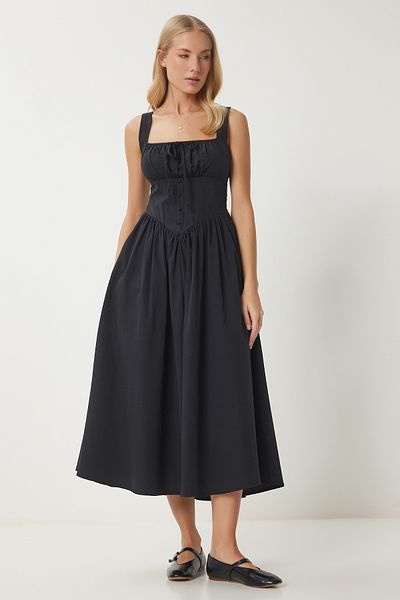 Happiness İstanbul Dámské černé šaty Korzet Look Poplin Midi UB00316