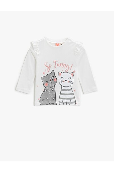 Koton Ecrufarbenes, kurzärmeliges Katzen-T-Shirt für Mädchen