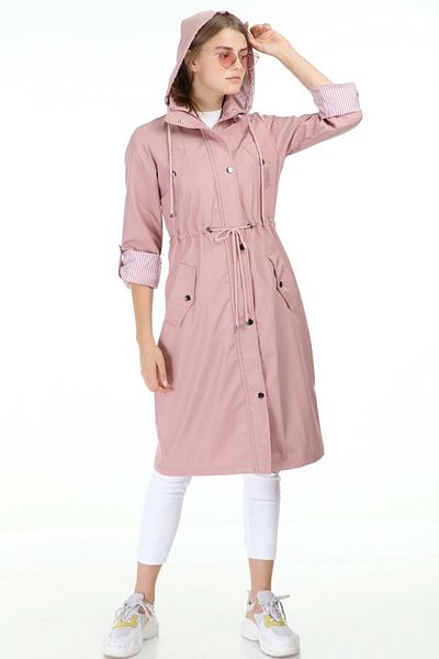 fehika Women's Powder Water Repellent Below Knee Hooded Lined Ultra Light Trench Coat