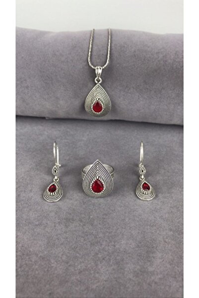 BEY SİLVER Telkari Parmak Izi Yakut Taşlı Damla Gümüş Kadın Set