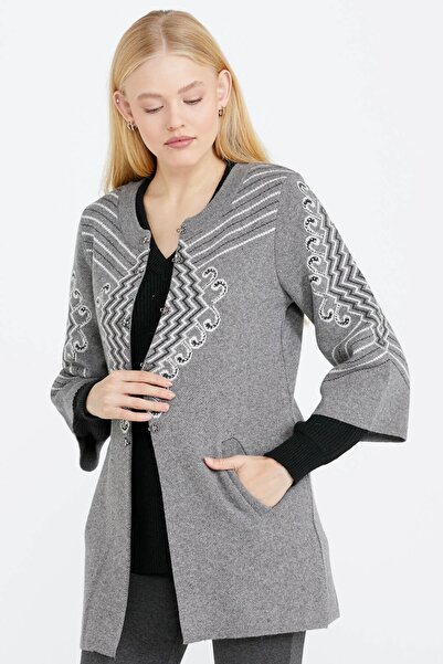 Sementa Jachetă tricotată cu mâneci trei sferturi și agrafe pentru femei - Gri