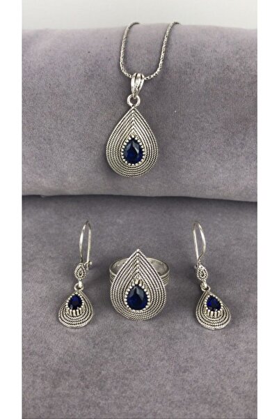 BEY SİLVER Telkari Parmak Izi Safir Taşlı Damla Gümüş Kadın Set