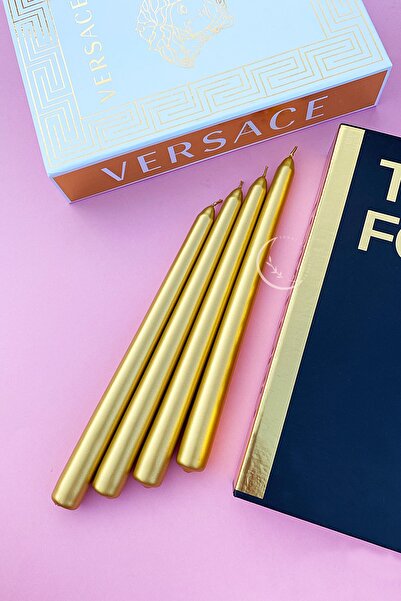 SANAT SEPET İŞLERİ Premium Seri Kokulu Gold Rengi Sedefli Konik Şamdan Mum - 4'lü Set