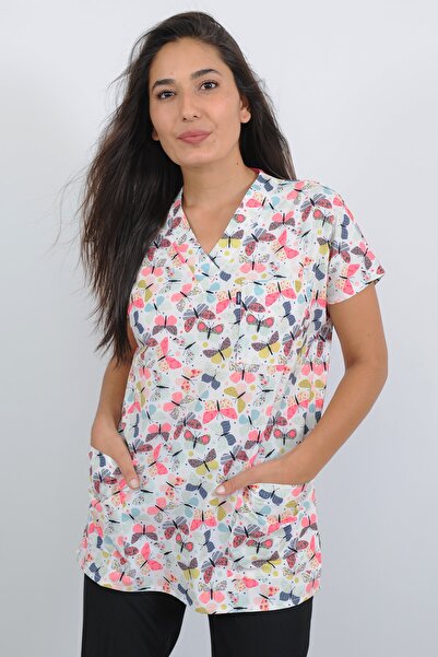 Lobby Uniform Pembe Kelebekli V Yaka Kadın Önlüğü