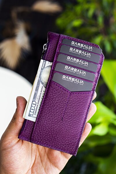 Garbalia Blush Hakiki Deri Fermuarlı Mürdüm Unisex Kartlık Cüzdan