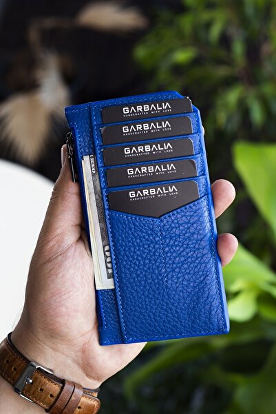 Garbalia Unisex Saks Blue Blush Genuine Leather Zippered Card Holder Wallet