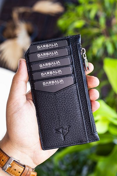 Garbalia Unisex Black Genuine Leather Zippered Card Holder Wallet