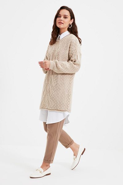 Trendyol Modest Cremefarbener, durchbrochener Strickpullover TCTAW22AK0089
