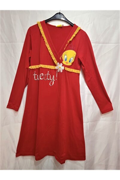 TWEETY Kadın Kırmızı Yandan Açılan Çıtçıtlı V Yaka Orijinal Lisanslı Lohusa Gecelik