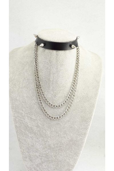 Fugusugu Four Thorn Two Chain Faux Leather Choker (Long Version)