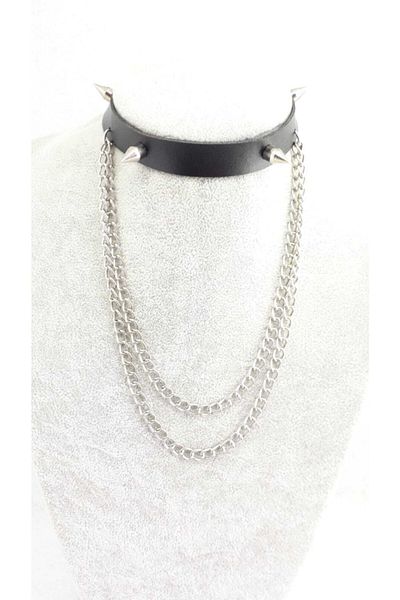 Fugusugu Four Thorn Two Chain Faux Leather Choker (Long Version)
