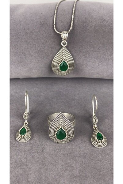 BEY SİLVER Telkari Parmak Izi Zümrüt Taşlı Damla Gümüş Kadın Set