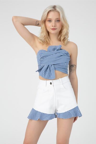 BERFUĞ KIRAN Önü Kurdale Detaylı Sırtı Lastikli Pötikare Crop