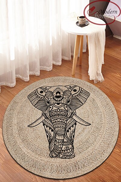 Modern home Fil Desenli Yuvarlak Halı Hasır Dijital Baskı Deri Kaymaz Tabanlı...