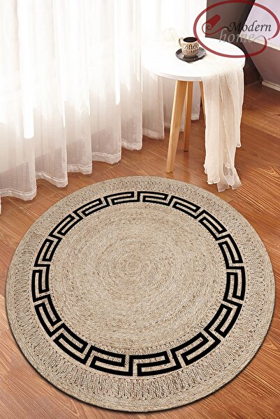 Modern home Siyah Desenli Yuvarlak Halı Hasır Dijital Baskı Deri Kaymaz Taban...