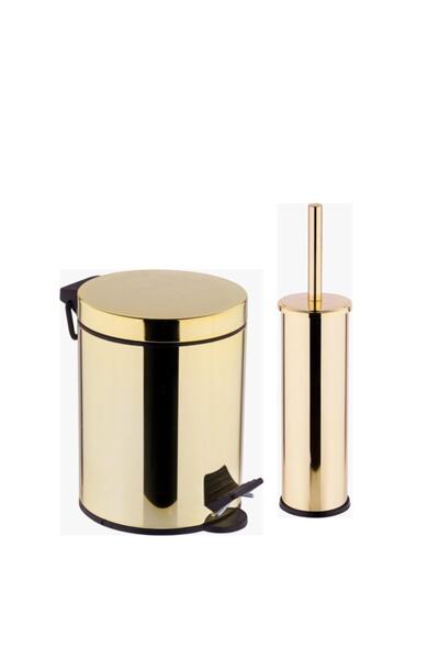 Genel Markalar Gold - Altın Rengi Banyo 5 Lt Pedallı Çöp Kovası + Klozet Fırçası