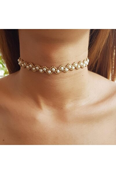 Handmade By HLY Handmade Pearl Detailed Gold Bead Detailed Choker Necklace